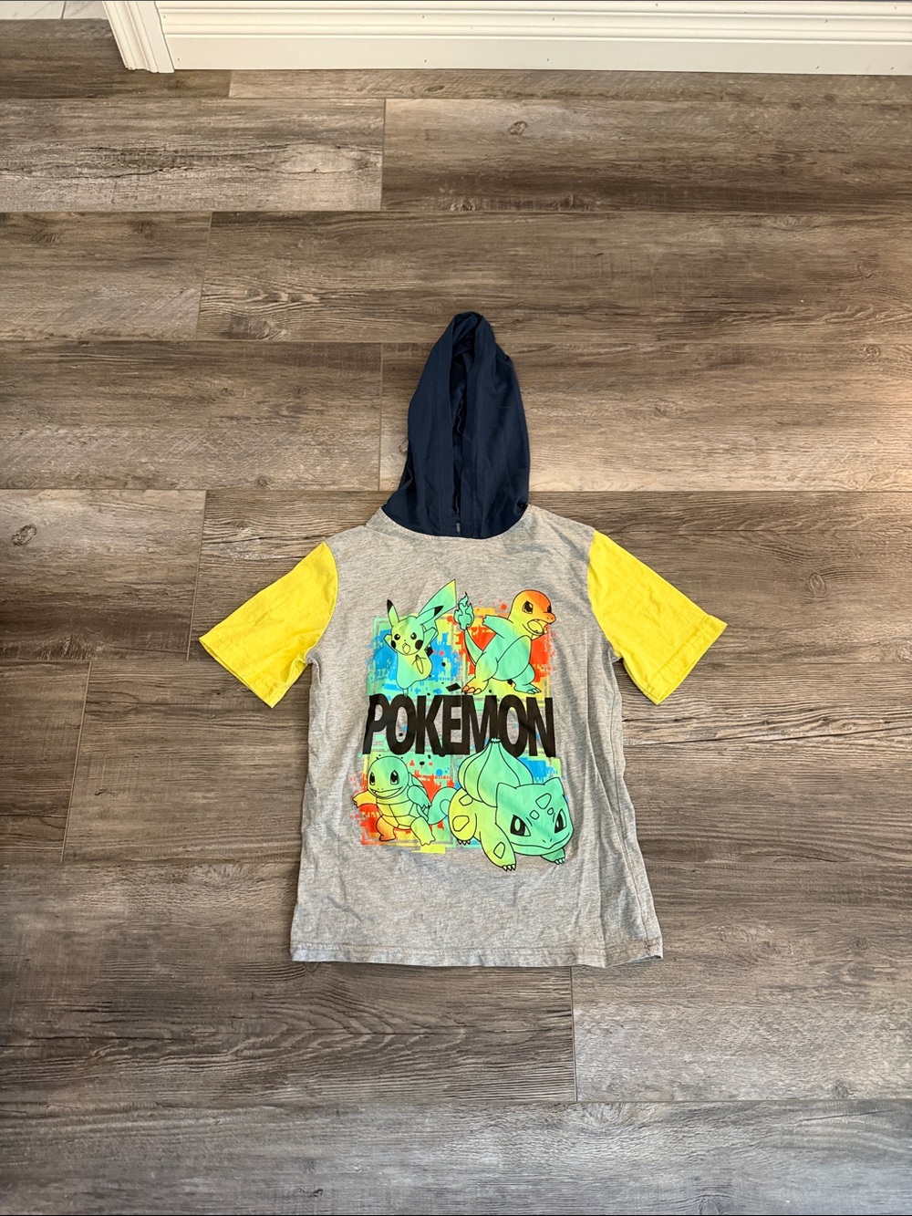 Pokemon Kids' Hooded Tee - Gray Body with Yellow Sleeves and Navy Hood